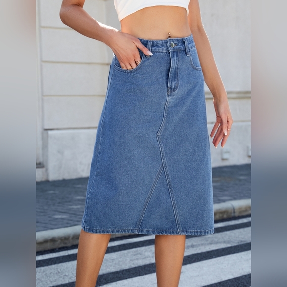 High-Rise Waist Blue Jean Knee Midi Back Slit Slim Fit Long Pencil Demin Skirt - Picture 1 of 16